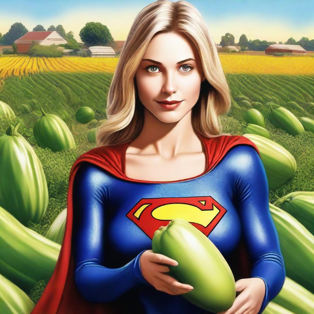 A hyper-realistic depiction of Supergirl holding a long, giant brinjal (eggplant) covered with cheese close to her face, giving a seductive look