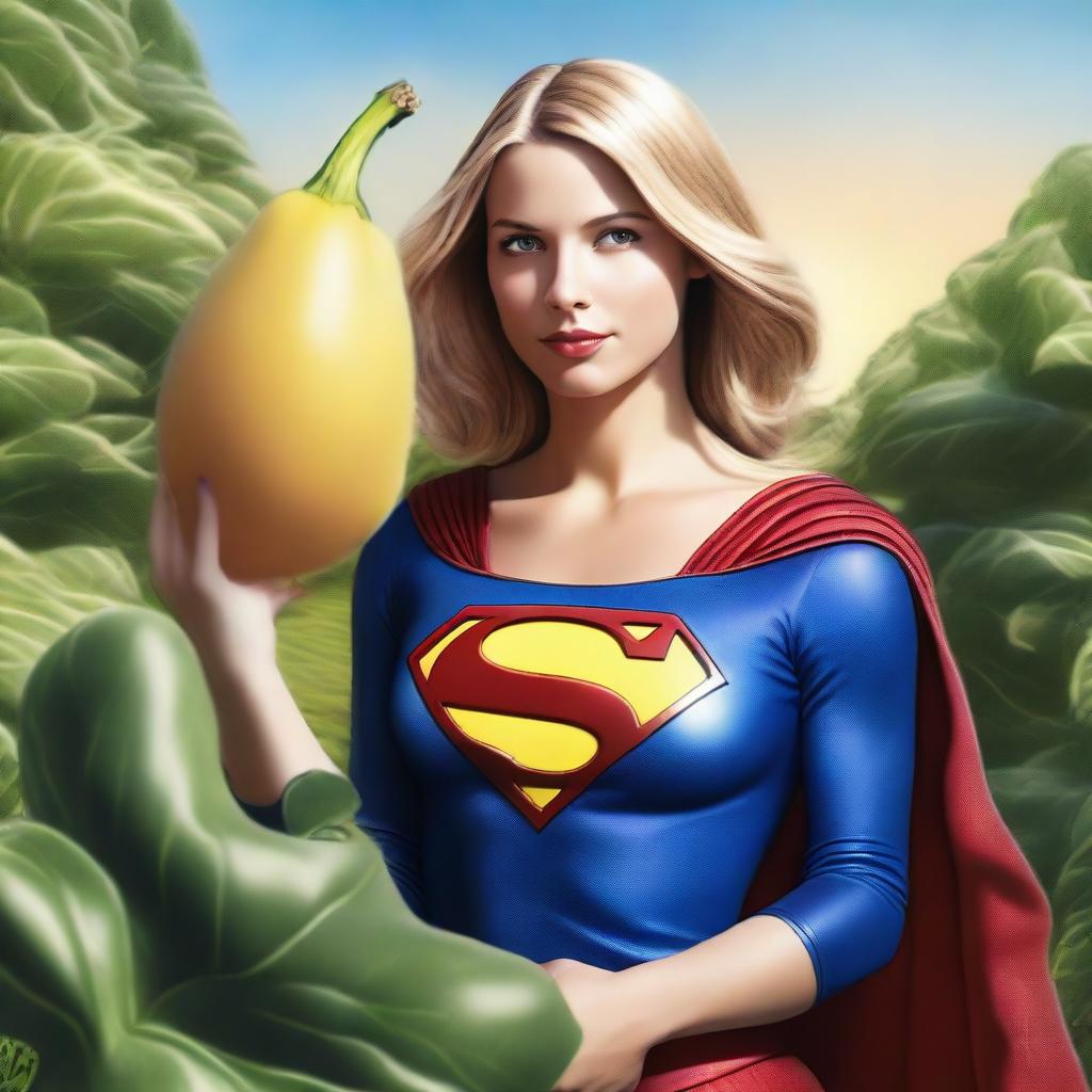 A hyper-realistic depiction of Supergirl holding a long, giant brinjal (eggplant) covered with cheese close to her face, giving a seductive look