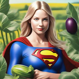 A hyper-realistic depiction of Supergirl holding a long, giant brinjal (eggplant) covered with cheese close to her face, giving a seductive look