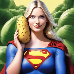 A hyper-realistic depiction of Supergirl holding a long, giant brinjal (eggplant) covered with cheese close to her face, giving a seductive look