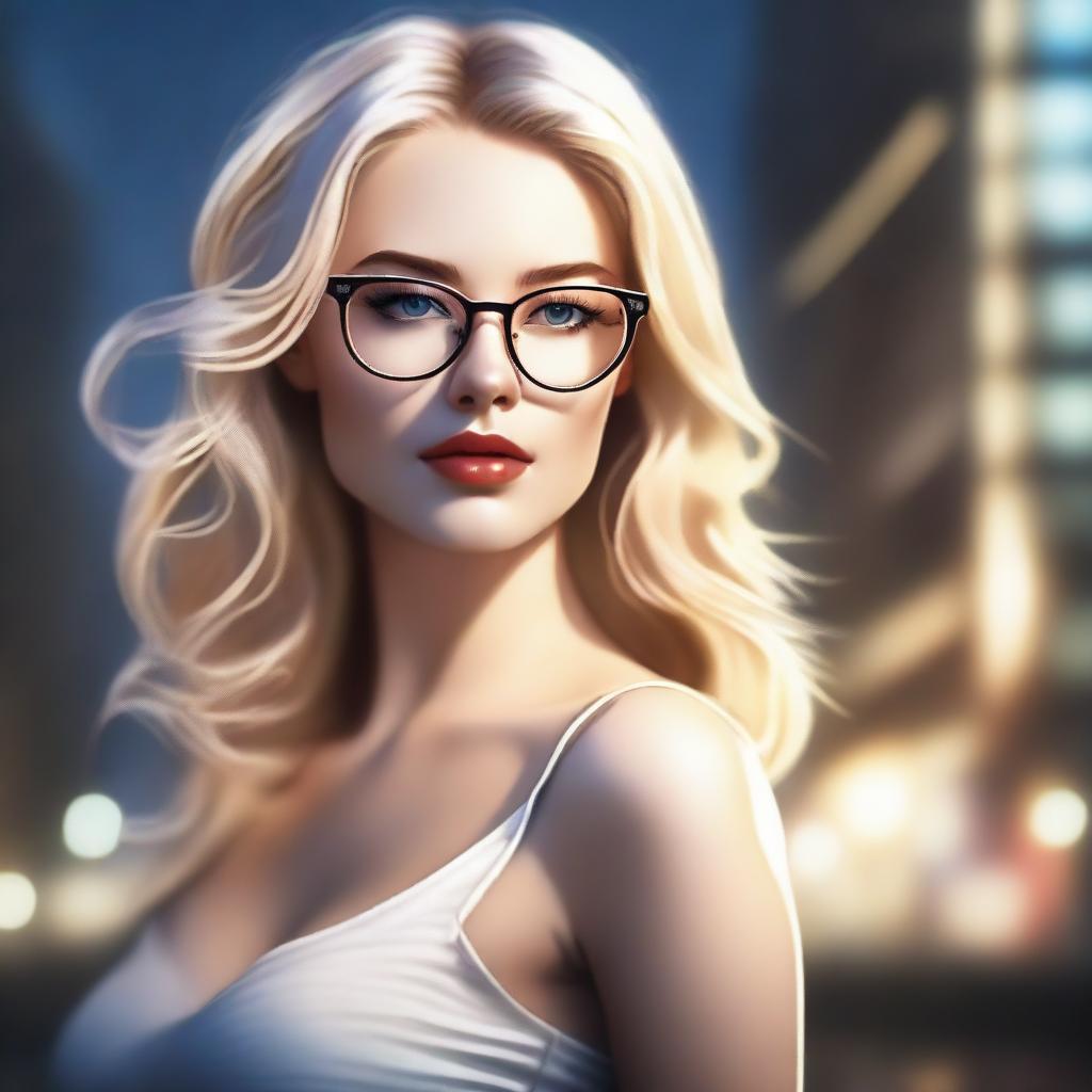 A realistic depiction of a blonde girl wearing glasses, with a sexy and well-defined structure, giving a seductive look