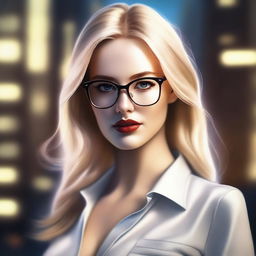 A realistic depiction of a blonde girl wearing glasses, with a sexy and well-defined structure, giving a seductive look