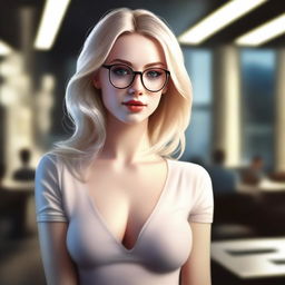 A realistic depiction of a blonde girl wearing glasses, with a sexy and well-defined structure, giving a seductive look