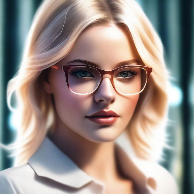 A realistic depiction of a blonde girl wearing glasses, with a sexy and well-defined structure, giving a seductive look