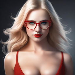 A realistic depiction of a blonde girl wearing glasses and a revealing red dress, with a sexy and well-defined structure, giving a seductive look