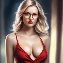 A realistic depiction of a blonde girl wearing glasses and a revealing red dress, with a sexy and well-defined structure, giving a seductive look