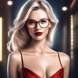 A realistic depiction of a blonde girl wearing glasses and a revealing red dress, with a sexy and well-defined structure, giving a seductive look