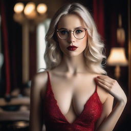 A blonde girl with glasses, wearing a revealing red dress that accentuates her sexy figure