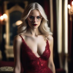 A blonde girl with glasses, wearing a revealing red dress that accentuates her sexy figure