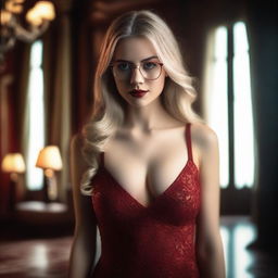 A blonde girl with glasses, wearing a revealing red dress that accentuates her sexy figure