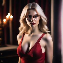 A blonde girl with glasses, wearing a revealing red dress that highlights her sexy figure