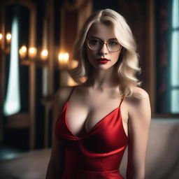 A blonde girl with glasses, wearing a revealing red dress that highlights her sexy figure