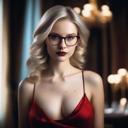 A blonde girl with glasses, wearing a revealing red dress that highlights her sexy figure