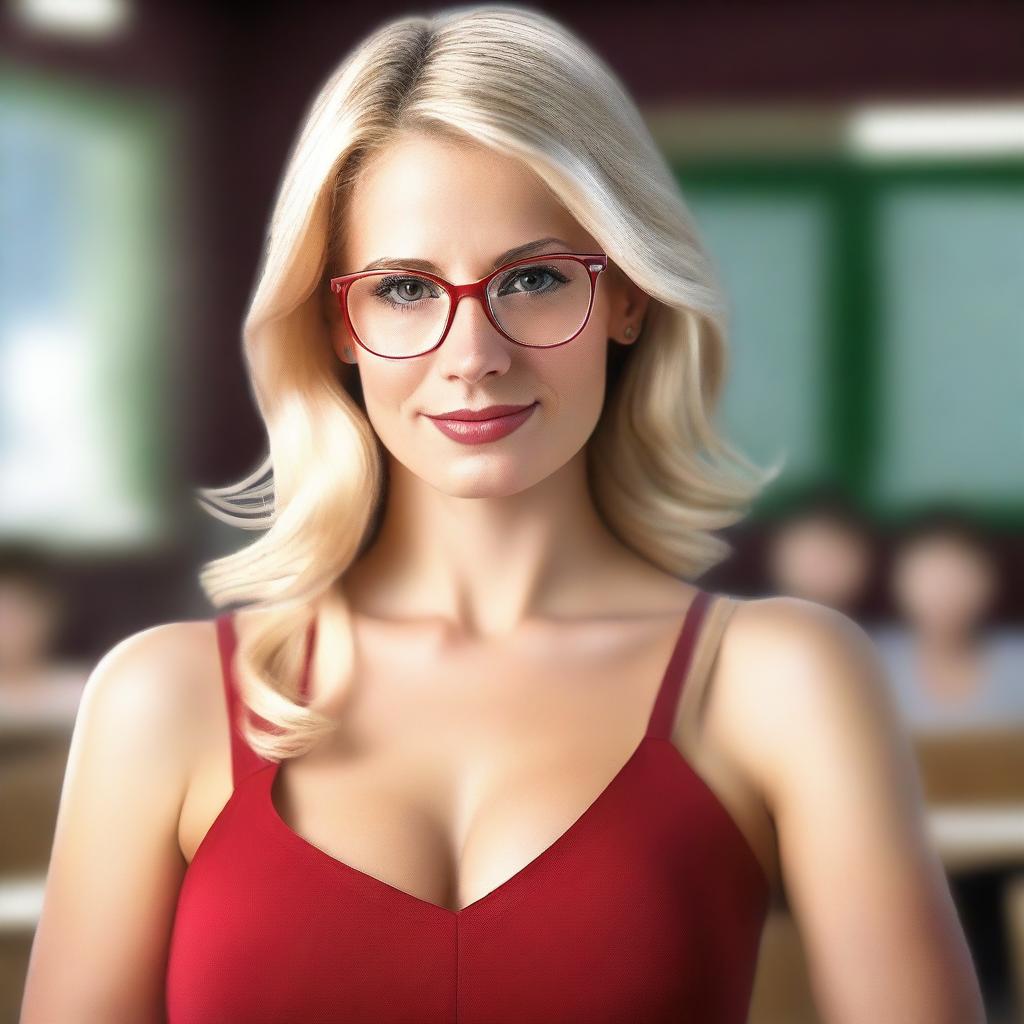 A realistic depiction of a young blonde teacher wearing glasses, a revealing red dress, and giving a seductive look