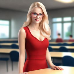 A realistic depiction of a young blonde teacher wearing glasses, a revealing red dress, and giving a seductive look