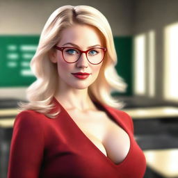 A realistic depiction of a young blonde teacher wearing glasses, a revealing red dress, and giving a seductive look