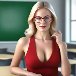 A realistic depiction of a young blonde teacher wearing glasses, a revealing red dress, and giving a seductive look