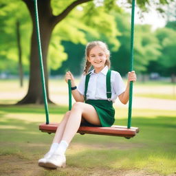 A girl in a school uniform sitting on a swing in a park