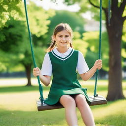 A girl in a school uniform sitting on a swing in a park