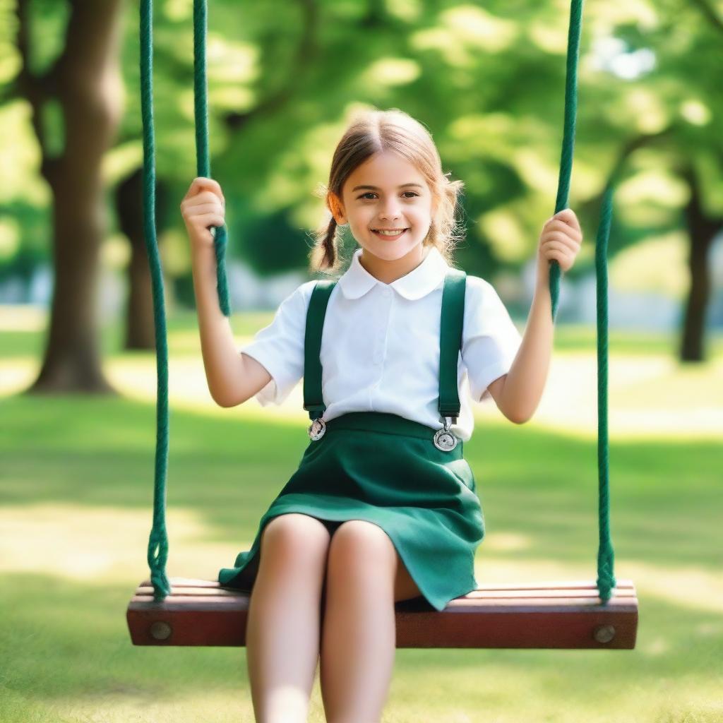 A girl in a school uniform sitting on a swing in a park