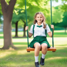 A girl in a school uniform sitting on a swing in a park