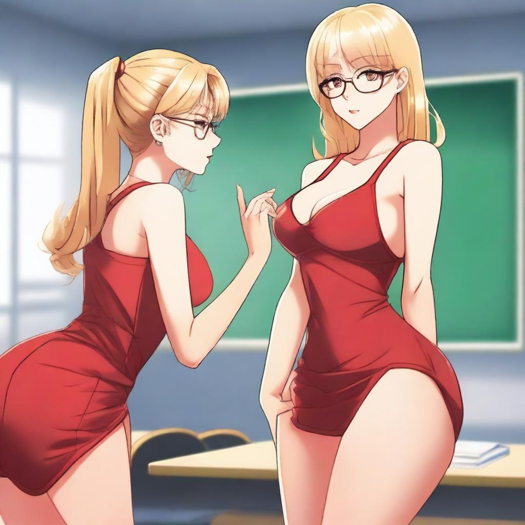 A blonde girl with glasses, wearing a revealing red dress that highlights her sexy figure