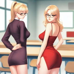 A blonde girl with glasses, wearing a revealing red dress that highlights her sexy figure