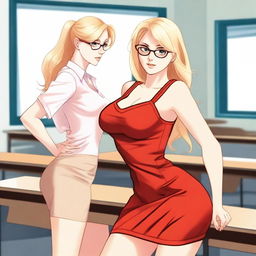 A blonde young teacher with glasses, wearing a revealing red dress that highlights her sexy figure