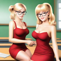 A blonde young teacher with glasses, wearing a revealing red dress that highlights her sexy figure