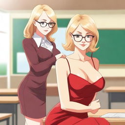 A blonde young teacher with glasses, wearing a revealing red dress that highlights her sexy figure