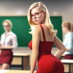 A realistic image of a blonde young teacher with glasses, wearing a revealing red dress that highlights her sexy figure