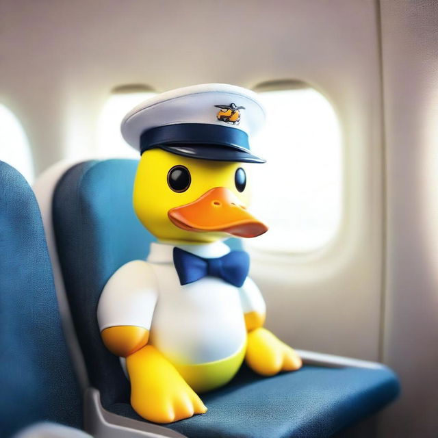 A duck sitting comfortably in an airplane seat, looking out the window