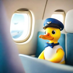 A duck sitting comfortably in an airplane seat, looking out the window