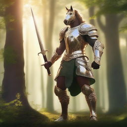 A majestic centaur knight standing in a lush, green forest, wearing gleaming armor and holding a large, ornate sword