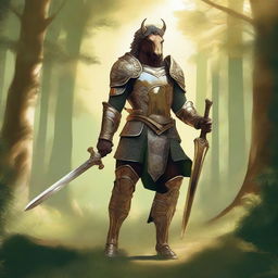 A majestic centaur knight standing in a lush, green forest, wearing gleaming armor and holding a large, ornate sword