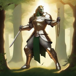 A majestic centaur knight standing in a lush, green forest, wearing gleaming armor and holding a large, ornate sword