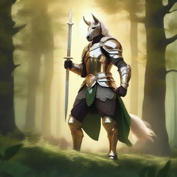 A majestic centaur knight standing in a lush, green forest, wearing gleaming armor and holding a large, ornate sword