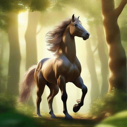 A majestic centaur standing in a lush, green forest, with a powerful and graceful stance