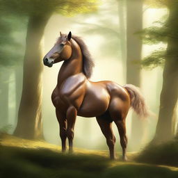 A majestic centaur standing in a lush, green forest, with a powerful and graceful stance