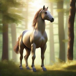 A majestic centaur standing in a lush, green forest, with a powerful and graceful stance