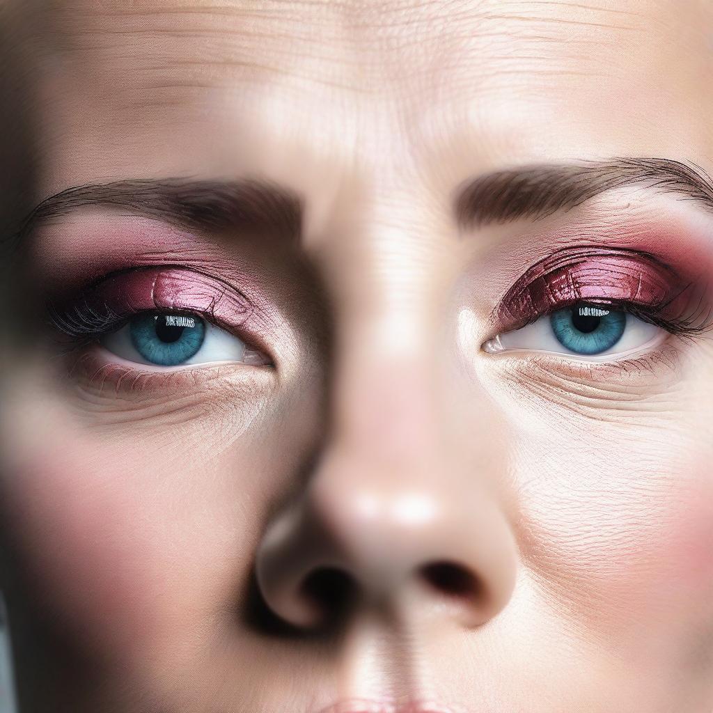 A close-up image of a person's face focusing on their lips and eyes