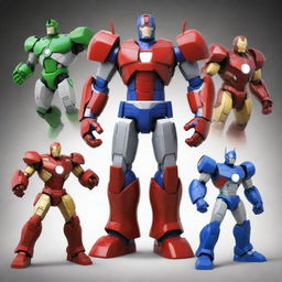 Inventive conceptual fusion of Ben 10, Optimus Prime, Goku, and Iron Man, combining distinctive elements from each character