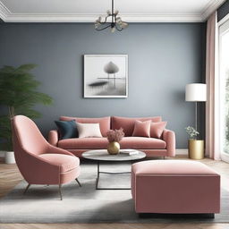 Create an image featuring a harmonious interior design that includes furniture such as chairs, a sofa, and a dining table