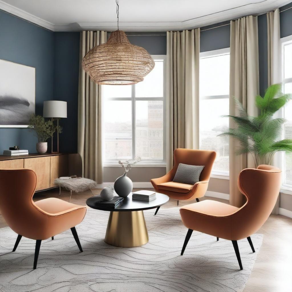 Create an image featuring a harmonious interior design that includes furniture such as chairs, a sofa, and a dining table