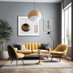 Create an image featuring a harmonious interior design that includes furniture such as chairs, a sofa, and a dining table