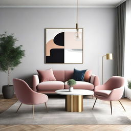 Create an image featuring a harmonious interior design that includes furniture such as chairs, a sofa, and a dining table