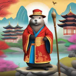 A majestic beaver dressed as a sorcerer, standing in a traditional Chinese landscape