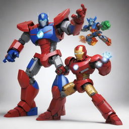 Inventive conceptual fusion of Ben 10, Optimus Prime, Goku, and Iron Man, combining distinctive elements from each character