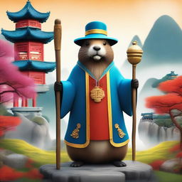 A majestic beaver dressed as a sorcerer, standing in a traditional Chinese landscape