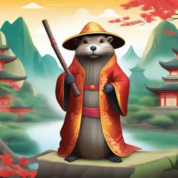 A majestic beaver dressed as a sorcerer, standing in a traditional Chinese landscape